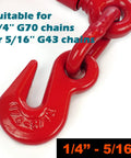 Close-up of red hook on Ratchet Chain Binder One Quarter To Five Sixteenths Inch 2600 Lbs Working Load Limit Heavy Duty Tie Down
