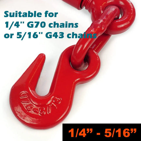 Close-up of red hook on Ratchet Chain Binder One Quarter To Five Sixteenths Inch 2600 Lbs Working Load Limit Heavy Duty Tie Down