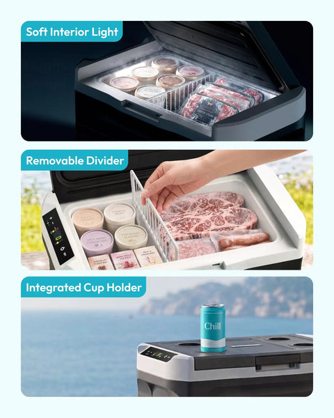 22Qt Portable Car Fridge And Freezer With Dual 12V Dc And 110V Ac Plugs, Compact Rv Cool Box For Road Trips Tailgating Camping, showing interior light and removable divider.