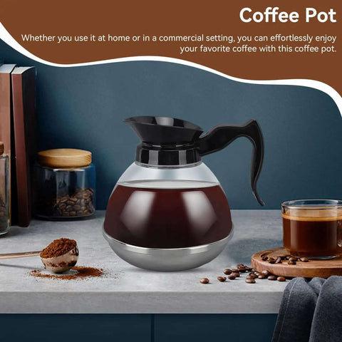 Universal Coffee Pot Replacement Carafe With Tight Fit Spout And Black Grip For Commercial And Home Use on countertop