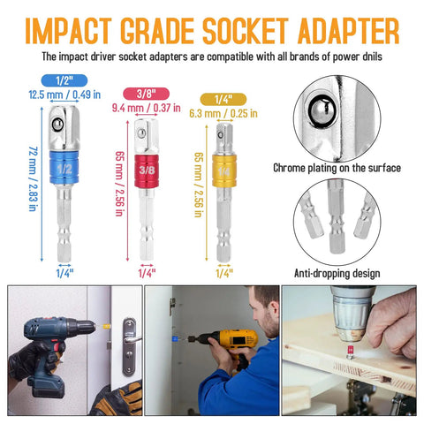 Impact grade socket adapters with measurements and chrome plating from 22 Piece Flexible Drill Bit Extension Set With 105 Degree Right Angle Attachment Bendable Socket Adapter And Screwdriver Bits The Ultimate Gift For Men Christmas Stocking Stuffers DIYers Handymen And Tool Lovers