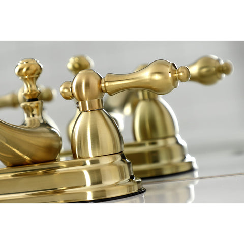 Close-up of Restoration Four Inch Centerset Bathroom Faucet in Brushed Brass with Victorian-inspired handle design