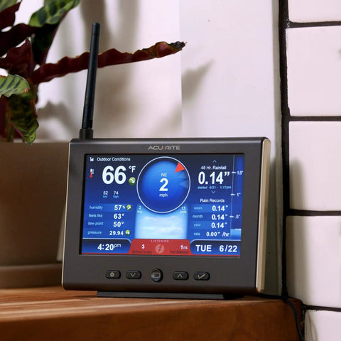 All In One Weather Station With Rain Gauge And Wind Speed Direction Indoor Outdoor Thermometer with HD display on a shelf