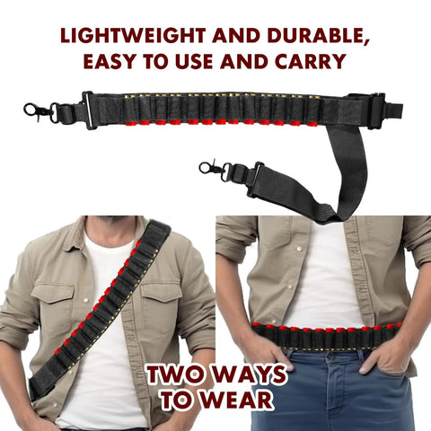 Black Tactical Ammo Sling For Shotgun And Rifle, Adjustable Shell Belt That Holds 15 Rounds, Fits 12 Gauge And 20 Gauge shown worn two ways