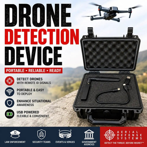 Handheld Drone Detection And Tracking Kit With Remote ID Receiver for iOS and Android in open case on a rock surface with drone in background