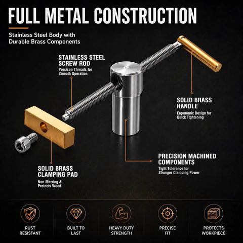 Two Pack Adjustable Bench Dog Clamps For Three Quarter Inch Dog Holes Heavy Duty Workbench Stops With Brass Handles Non Marring Brass Pads Ideal For Woodworking Jig Making Surface And Bar Clamping. Full metal construction with stainless steel screw rod and brass pad.