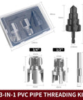 PVC Pipe Threading Tool Kit Three Piece Set For Electric Drill With One Half Inch And Three Quarter Inch Internal And External Thread Cutters Reamer And Step Drill Bit Fifteen To Thirty One Millimeters, showing two thread cutters, reamer, and step drill bit in a clear plastic case.