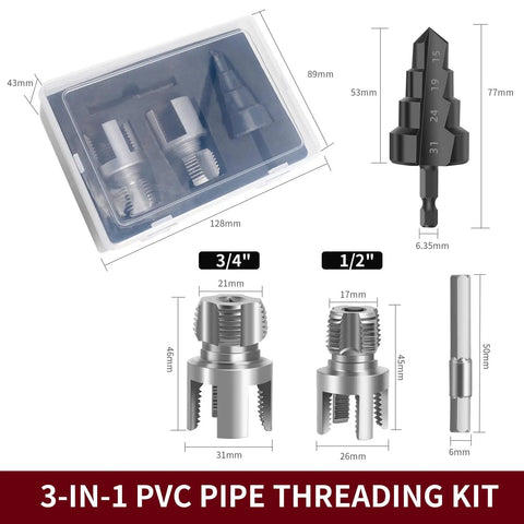 PVC Pipe Threading Tool Kit Three Piece Set For Electric Drill With One Half Inch And Three Quarter Inch Internal And External Thread Cutters Reamer And Step Drill Bit Fifteen To Thirty One Millimeters, showing two thread cutters, reamer, and step drill bit in a clear plastic case.