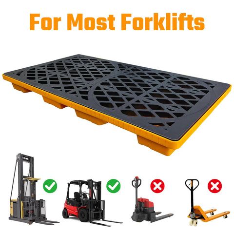 Heavy-Duty Spill Containment Tray Built Tough With Forklift Pockets, 2000 Lb Capacity, stackable platform displayed for forklift use