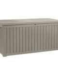 Beefy 220 Gallon XL Outdoor Storage Deck Box With Divider Built For Real Life Use, Weatherproof Resin, Lockable Lid, Taupe, front view.