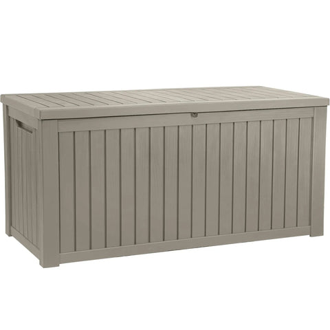 Massive 220 Gallon Outdoor Storage Deck Box With Divider Waterproof Lockable Resin Built Wood Look Brown Perfect For Patio Furniture And Garden Tools Organization
