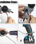 Installation steps for Heavy Duty Titanium Drill Nibbler Sheet Metal Cutter showing tool assembly process and attachment.