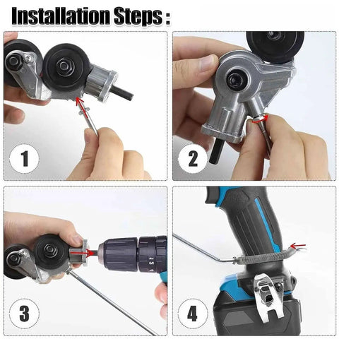 Installation steps for Heavy Duty Titanium Drill Nibbler Sheet Metal Cutter showing tool assembly process and attachment.