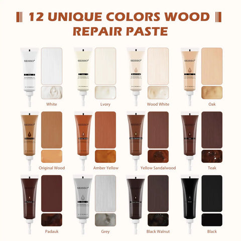 Wood Repair Kit With 12 Color Touch Up Pastes For Scratches Cracks And Holes On Furniture Cabinets Tables And Floors A Quick Easy DIY Resin Filler Set To Restore Wood Surfaces At Home Or In The Workshop