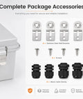 Complete package accessories for Super Heavy Duty IP67 Waterproof Junction Box with stainless steel brackets and cable glands.