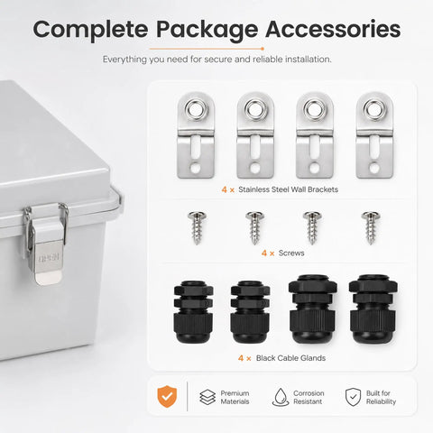 Complete package accessories for Super Heavy Duty IP67 Waterproof Junction Box with stainless steel brackets and cable glands.