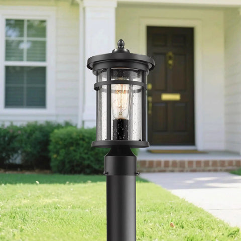 Outdoor Post Light For Garden And Pathway Vintage Exterior Pillar Lamp next to house entry with warm glow
