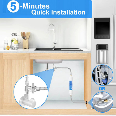 Installation diagram of 15 Ft Stainless Steel Braided Ice Maker Water Line Kit With Tee Stop Valve For Refrigerator No Fuss Install