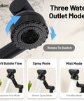 Matte Black Bathroom Sink Faucet In Stainless Steel With 1080 Degree Rotatable Swivel Spout, Single Handle Operation, Fits 1 Or 3 Hole Mount, Dual Water Outlet Modes With Hot And Cold Hoses, Easy Install And A Slick Modern Look, black faucet head showing three water outlet modes