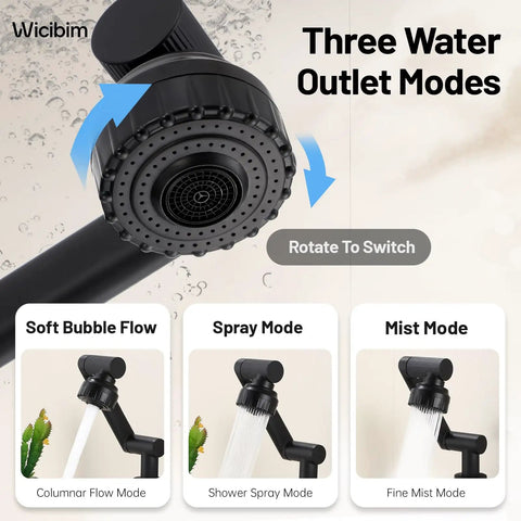 Matte Black Bathroom Sink Faucet In Stainless Steel With 1080 Degree Rotatable Swivel Spout, Single Handle Operation, Fits 1 Or 3 Hole Mount, Dual Water Outlet Modes With Hot And Cold Hoses, Easy Install And A Slick Modern Look, black faucet head showing three water outlet modes