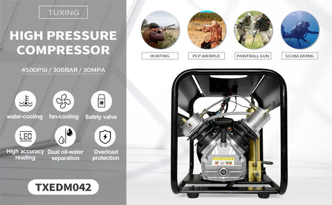 Tuxing 4500 Psi Pcp Air Compressor With Built-In Two-Stage Water-Oil Separator Filter, Auto-Stop Feature For Paintball And Scuba Tanks, 110V Power, High Pressure Performance At 30mpa Capacity