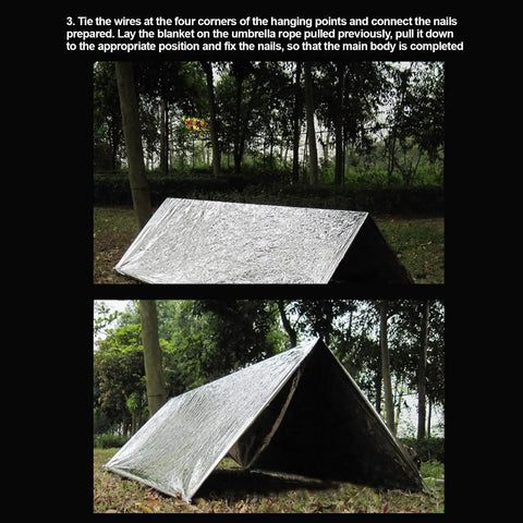 Emergency blankets used as shelter in forest. Three Pack Reflective Thermal Emergency Blankets For Survival Gear.