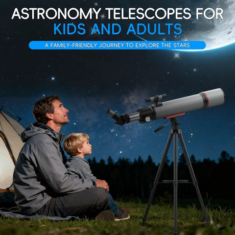Man and child using High Powered Portable Astronomy Telescope For Adults And Newbies With 90mm Aperture And 600mm Refractor Crystal Clear Moon And Planet Views Includes Phone Adapter Tripod And Carry Bag at night.