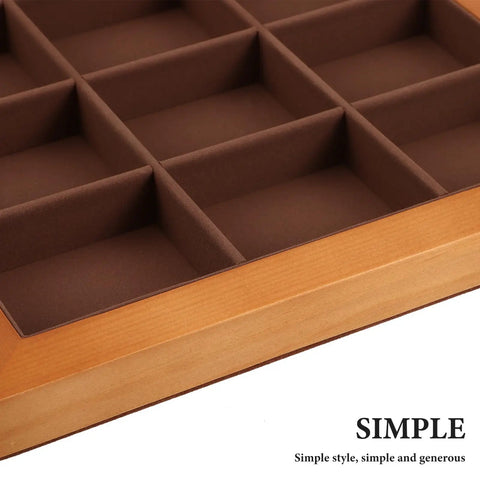 Close-up of Top Shelf Solid Walnut Wood Jewelry Tray Organizer with Fifteen Grids for Rings Necklaces and Bracelets.