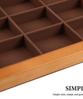 Premium Walnut Wood Jewelry Tray With 15 Grid Compartments, close-up of 15 compartments, smooth brown finish, organizer plate.