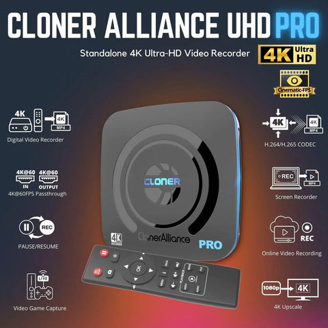 4K HDMI Capture DVR With H.265/H.264, Standalone 4K60 Passthrough, Cinematic 24fps Up To 30fps Recording, Pause And Resume, Records To USB Drive Or TF Card, No PC Needed, Plug And Play HDMI Output, ClonerAlliance UHD Pro with remote