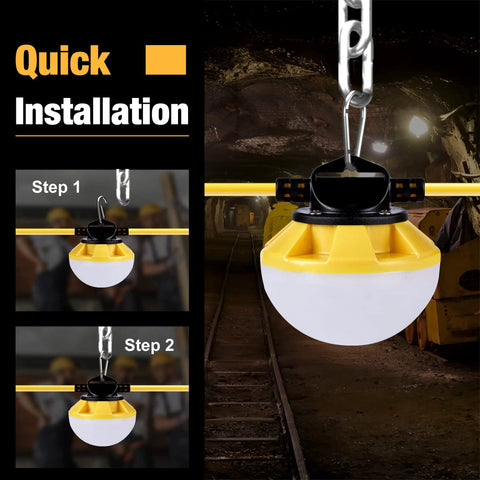 Close-up of 100Ft LED Construction String Lights IP65 Waterproof ETL Certified Daylight 5000K installation in a dim workspace