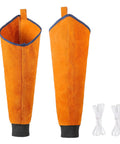 Heavy Duty Genuine Leather Welding Sleeves Tough As Nails That Lock In Comfort While Delivering Flame Resistant Arm Guard Coverage During Killer Grilling Tasks in orange with adjustable bands.
