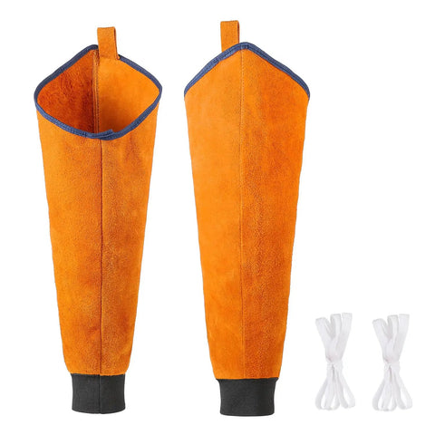 Heavy Duty Genuine Leather Welding Sleeves Tough As Nails That Lock In Comfort While Delivering Flame Resistant Arm Guard Coverage During Killer Grilling Tasks in orange with adjustable bands.