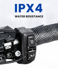 Universal Motorcycle Handlebar Control Switch With Integrated Headlight And Horn Toggle For A Plug And Play Install showing IPX4 water resistance detail.