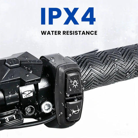Universal Motorcycle Handlebar Control Switch With Integrated Headlight And Horn Toggle For A Plug And Play Install showing IPX4 water resistance detail.