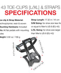 Toe Clips L/XL And 515XL Toe Straps Set with technopolymer double prongs and 440mm braided straps, specifications in background.