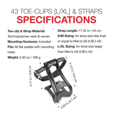 Toe Clips L/XL And 515XL Toe Straps Set with technopolymer double prongs and 440mm braided straps, specifications in background.