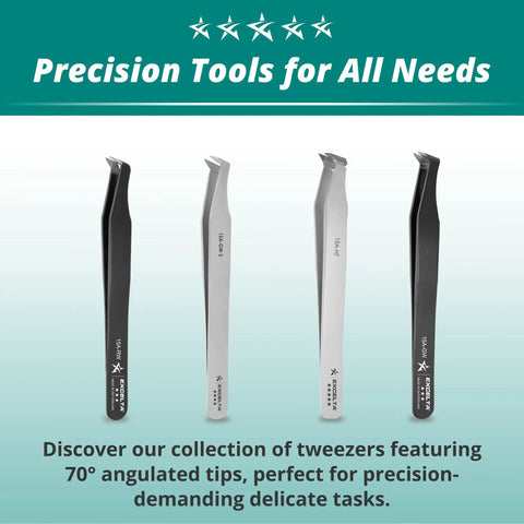 Pro Grade Medical Stainless Steel Tweezers For Soft Wire Cutting With 70 Degree Angulated Tip in various shades displayed vertically.