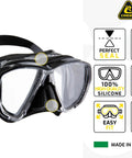 Big Eyes Mask And Seal Dry Snorkel Kit For Snorkeling And Freediving, Crystal Clear Vision, black silicone mask with features listed