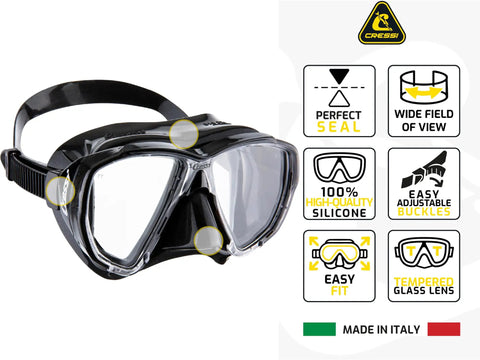 Big Eyes Mask And Seal Dry Snorkel Kit For Snorkeling And Freediving, Crystal Clear Vision, black silicone mask with features listed