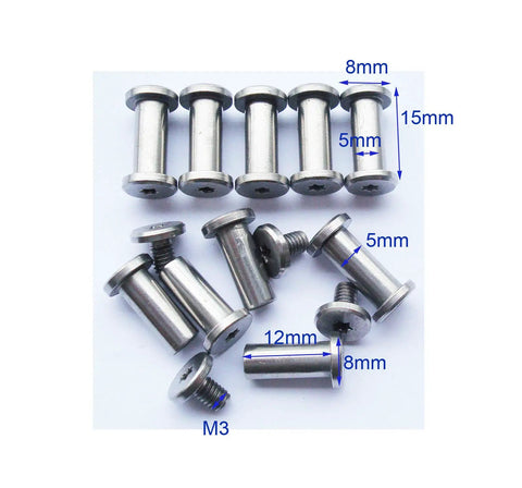 Stainless Steel Corby Bolts Pivot Pins For Knife Handles, Folding Knife Fasteners, EDC Rivets And DIY Knife Studs For Tactical Knife Builds, Pack Of 10, 8mm Head, 5mm Shaft, 12mm Length, T8 Tool Compatible displayed on a white background.