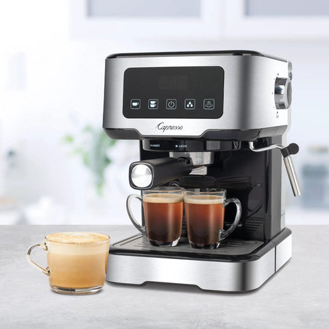 No Drama Home Bar Setup With This Compact Touchscreen Espresso Machine Boasting 15 Bar Pressure with two coffee cups.