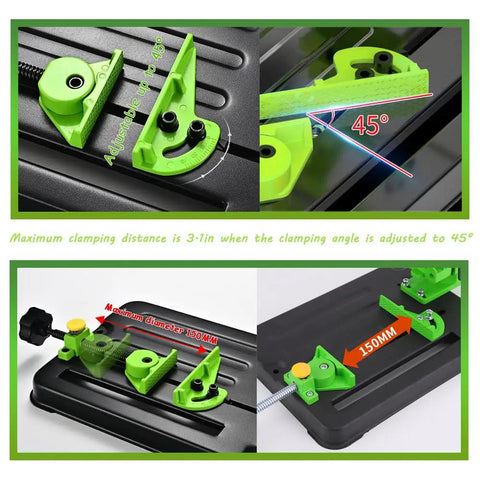 Sliding Angle Grinder Stand For 100mm 115mm 125mm Grinders, DIY Cutter Support Aluminum Bracket With Iron Base, Adjustable Clamping Angle, Stand Only, Mounting Holes M8 M10, Easy Setup with adjustable 45° angle.