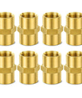 Heavy Duty 1/4 Inch NPT Female To Female Brass Hex Coupler Pipe Fitting 8 Pack Air Hose Adapter shown from the front view.