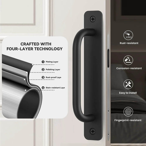Black Barn Door Handles 5.9 Inch Gate Pulls for Outdoor Fence shown with four-layer technology and corrosion-resistant features