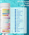 16 In 1 Pool And Spa Water Test Strips 100 Count Super Quick 30 Second Readout for testing parameters and color comparison guide.