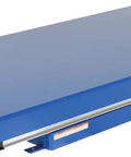 Built Different 6000 Lb Electric Hydraulic Lift Table 36 By 72 Inch shown in blue with remote control for industrial work.