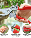 Using 8.6 Inch Pruning Shears For Gardening With Sharp SK5 Steel Blades, ergonomic red handles, cutting a branch