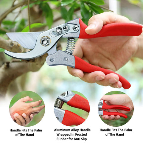 Using 8.6 Inch Pruning Shears For Gardening With Sharp SK5 Steel Blades, ergonomic red handles, cutting a branch
