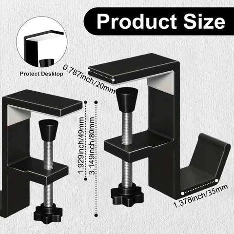 Aluminum Alloy Headphone Stand For Desk Mount, showing dimensions and silicone pad for under desk headset holder and hook.